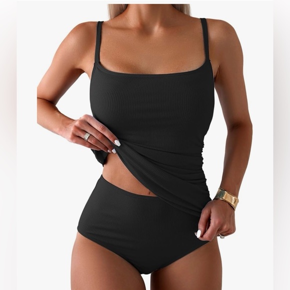 Black Ribbed Tankini Swimsuit - Picture 1 of 2